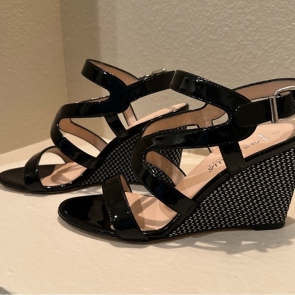 Aquatalia Black Patent Leather Wedge Strap Sandals